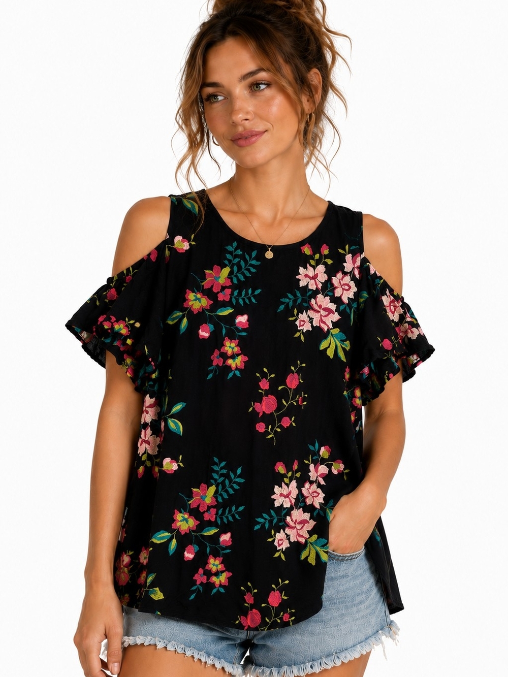 Karen Kane Embroidered Floral Cold Shoulder Blouse Black Size Medium Boho